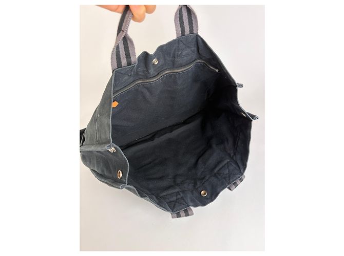 Hermès Tote Vintage Hermes in tela di cotone Nero Argento - vista 3