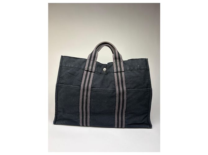 Hermès Tote Vintage Hermes in tela di cotone Nero Argento - vista 6