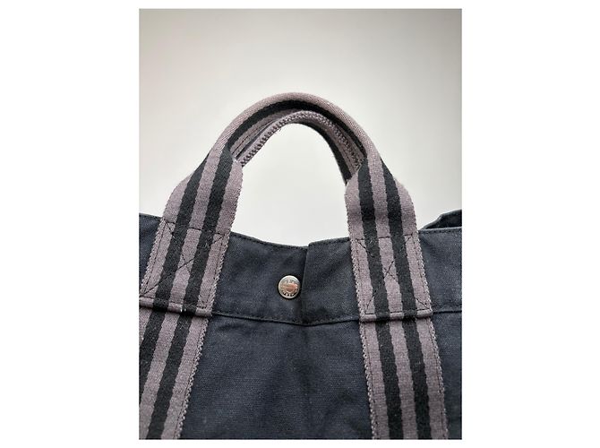 Hermès Tote Vintage Hermes in tela di cotone Nero Argento - vista 7