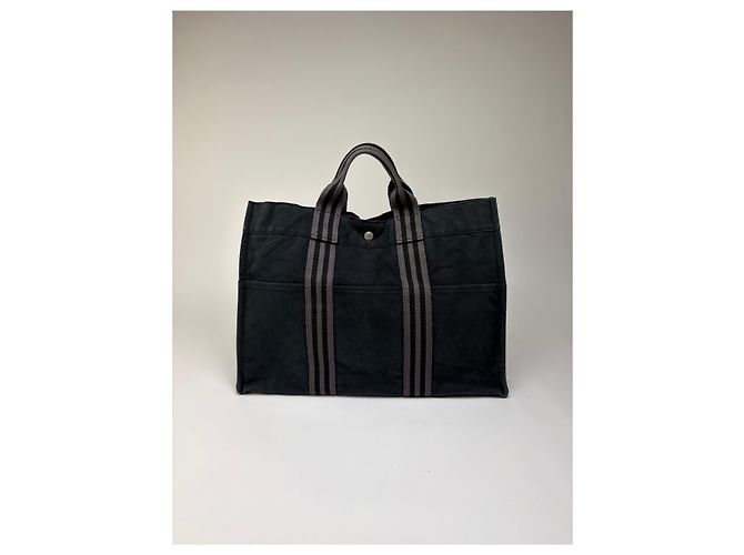 Hermès Tote Vintage Hermes in tela di cotone Nero Argento - vista 9