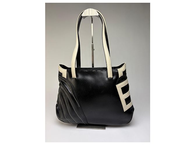 Vintage Etro Smooth Leather Tote Schwarz Creme - Ansicht 2