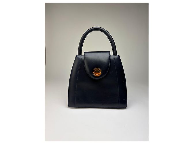 Vintage Givenchy strukturierte Lederhandtasche mit oberem Griff Navy Gold Marineblau - Ansicht 11