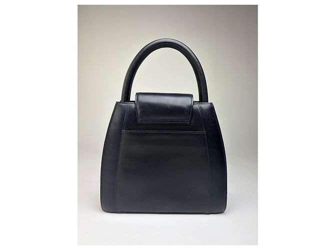 Vintage Givenchy strukturierte Lederhandtasche mit oberem Griff Navy Gold Marineblau - Ansicht 2