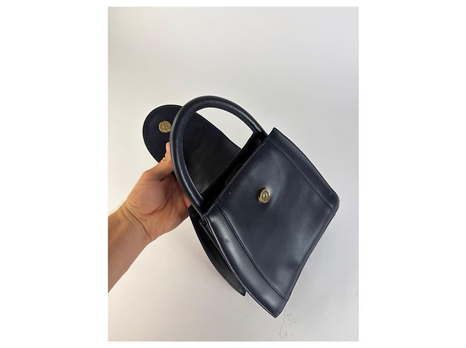 Vintage Givenchy strukturierte Lederhandtasche mit oberem Griff Navy Gold Marineblau - Ansicht 5