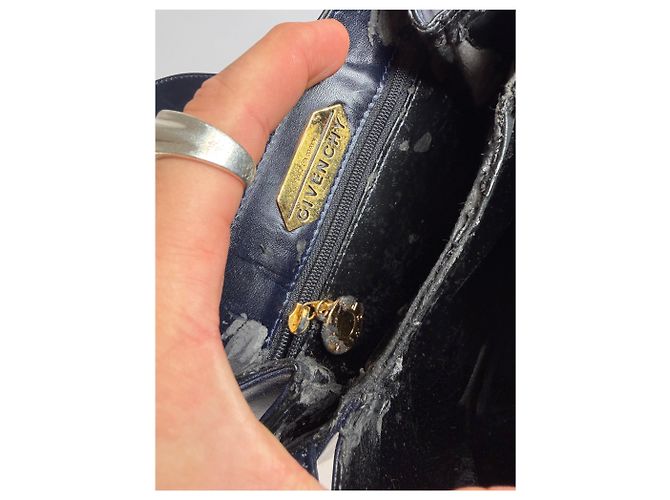 Vintage Givenchy strukturierte Lederhandtasche mit oberem Griff Navy Gold Marineblau - Ansicht 7