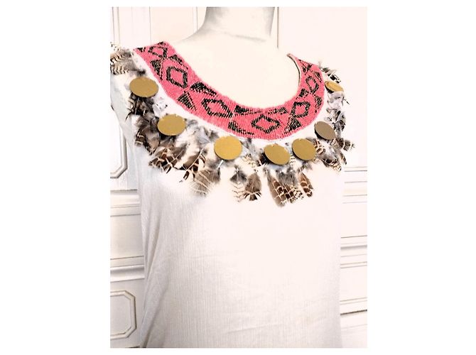 Manoush Vestido Chic Pocahontas de Gasa de Algodón con Plumas y Dijes Castaño Rosa Blanco Dorado - vista 10