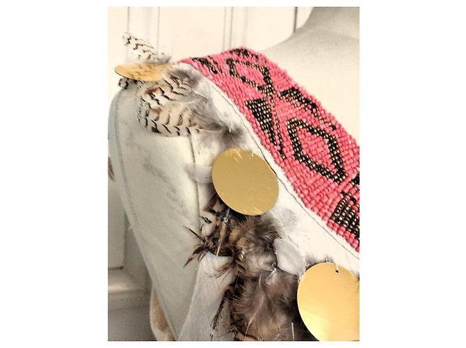 Manoush Vestido Chic Pocahontas de Gasa de Algodón con Plumas y Dijes Castaño Rosa Blanco Dorado - vista 11