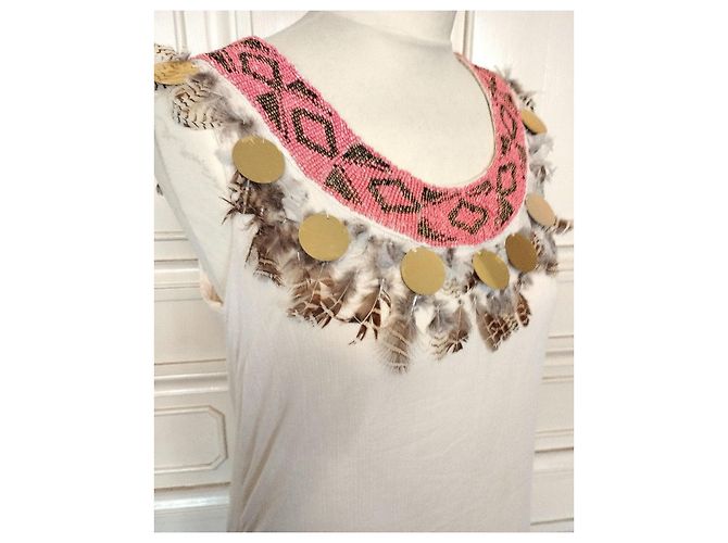 Manoush Vestido Chic Pocahontas de Gasa de Algodón con Plumas y Dijes Castaño Rosa Blanco Dorado - vista 14