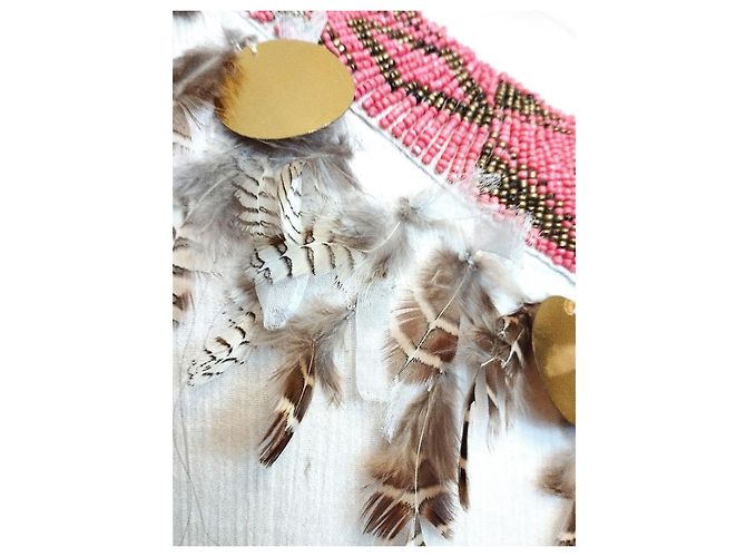 Manoush Vestido Chic Pocahontas de Gasa de Algodón con Plumas y Dijes Castaño Rosa Blanco Dorado - vista 18