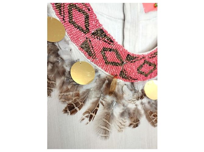 Manoush Vestido Chic Pocahontas de Gasa de Algodón con Plumas y Dijes Castaño Rosa Blanco Dorado - vista 6