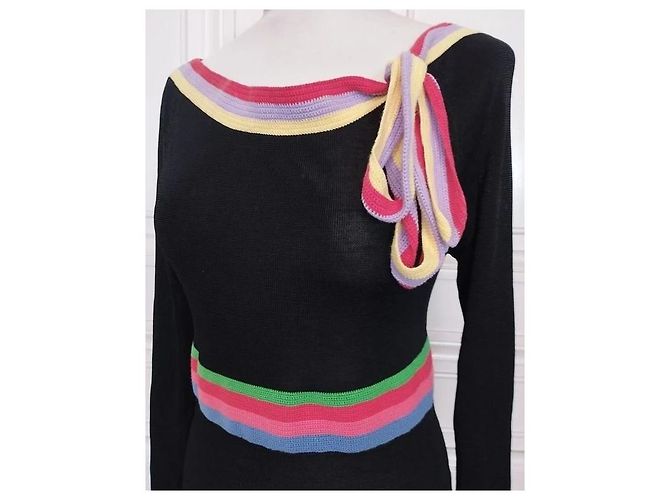 Cacharel Strickpullover mit bunten Bändern Schwarz Pink Rot Blau Grün Lila Gelb - Ansicht 10