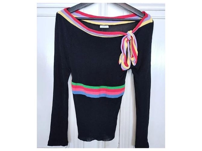 Cacharel Strickpullover mit bunten Bändern Schwarz Pink Rot Blau Grün Lila Gelb - Ansicht 11