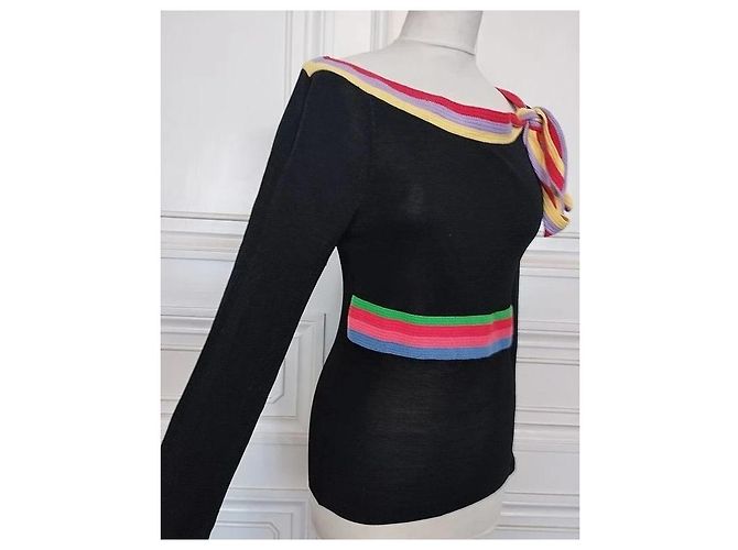 Cacharel Strickpullover mit bunten Bändern Schwarz Pink Rot Blau Grün Lila Gelb - Ansicht 15