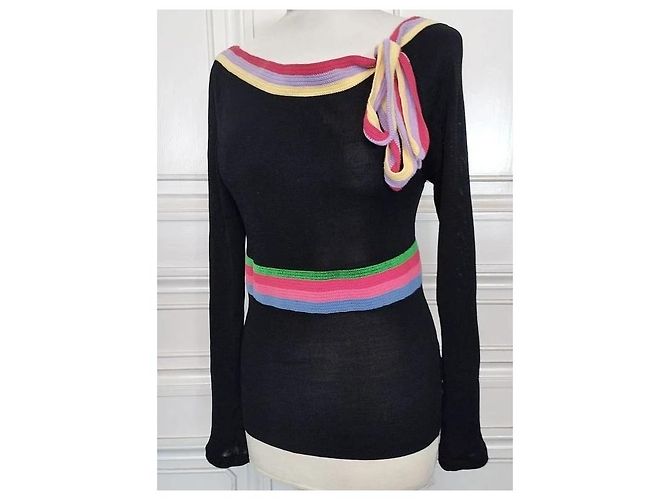 Cacharel Strickpullover mit bunten Bändern Schwarz Pink Rot Blau Grün Lila Gelb - Ansicht 2