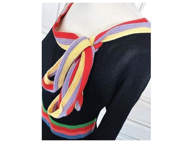 Cacharel Strickpullover mit bunten Bändern Schwarz Pink Rot Blau Grün Lila Gelb - Ansicht 5