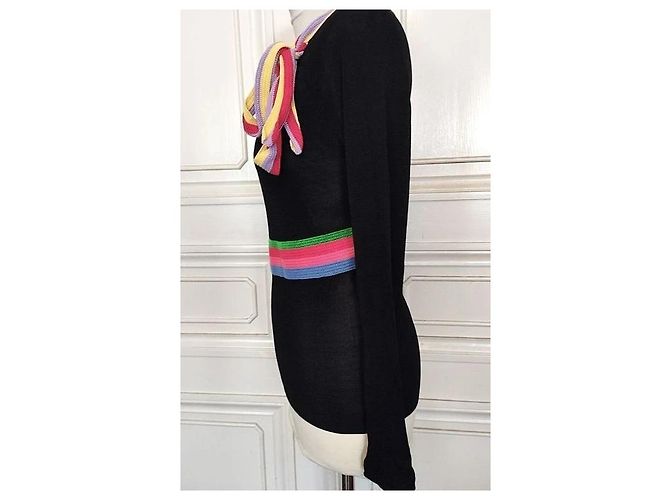 Cacharel Strickpullover mit bunten Bändern Schwarz Pink Rot Blau Grün Lila Gelb - Ansicht 6