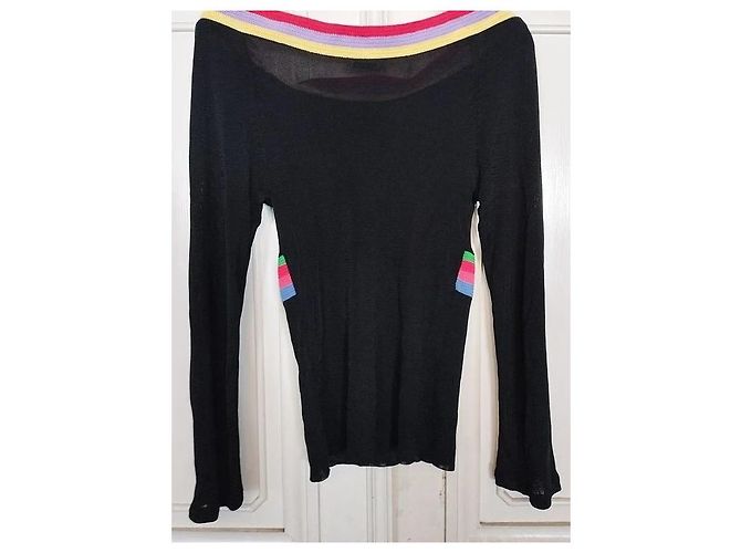 Cacharel Strickpullover mit bunten Bändern Schwarz Pink Rot Blau Grün Lila Gelb - Ansicht 7