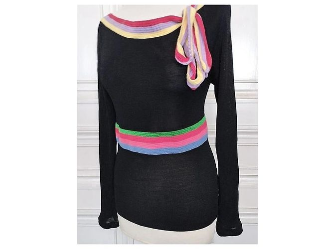 Cacharel Strickpullover mit bunten Bändern Schwarz Pink Rot Blau Grün Lila Gelb - Ansicht 8