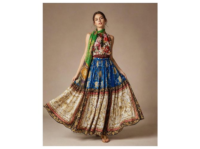Dolce & Gabbana Maxikleid mit Blumen- und Barockprint mit Schal Weiß Blau Mehrfarben Grün - Ansicht 2