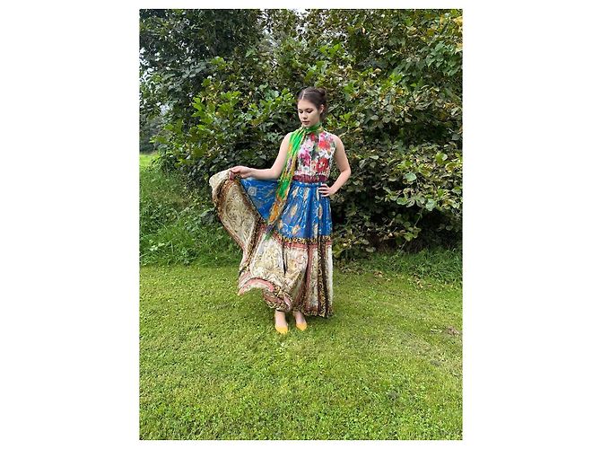 Dolce & Gabbana Maxikleid mit Blumen- und Barockprint mit Schal Weiß Blau Mehrfarben Grün - Ansicht 8