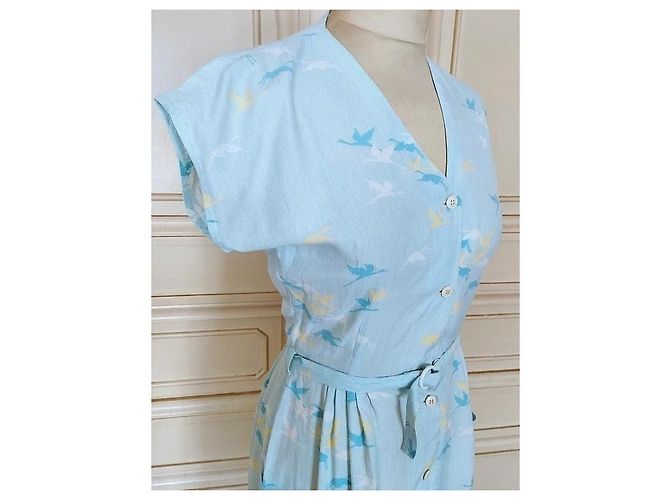 Cacharel Abito Preppy Fifties in Cotone e Seta Bianco Blu Giallo Blu chiaro - vista 15