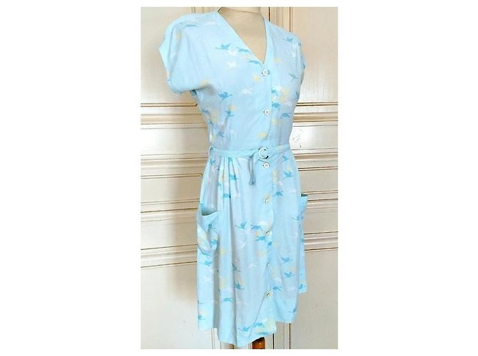 Cacharel Abito Preppy Fifties in Cotone e Seta Bianco Blu Giallo Blu chiaro - vista 16