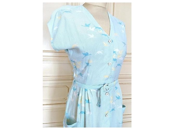 Cacharel Abito Preppy Fifties in Cotone e Seta Bianco Blu Giallo Blu chiaro - vista 17