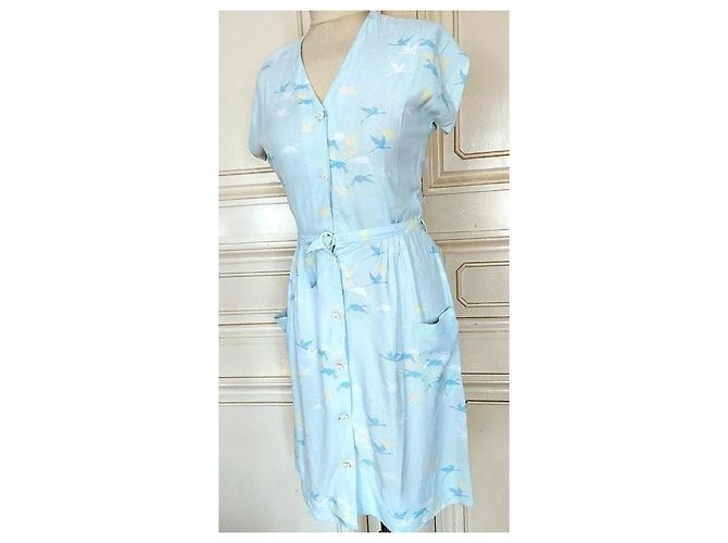 Cacharel Abito Preppy Fifties in Cotone e Seta Bianco Blu Giallo Blu chiaro - vista 6