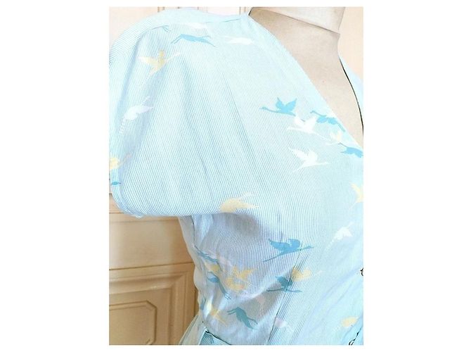 Cacharel Abito Preppy Fifties in Cotone e Seta Bianco Blu Giallo Blu chiaro - vista 9