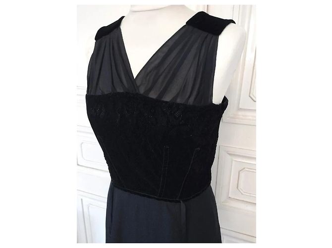 Vanessa Bruno Couture Schwarzes Abendkleid Seide Spitze Samt - Ansicht 13