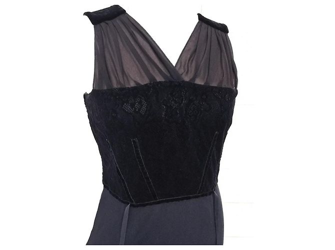 Vanessa Bruno Couture Schwarzes Abendkleid Seide Spitze Samt - Ansicht 3