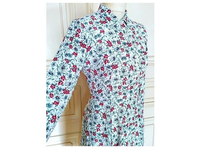 Cacharel Abito Lungo a Camicia Preppy Folk Bianco Rosso Blu - vista 11