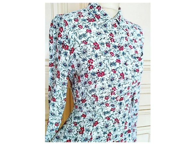 Cacharel Abito Lungo a Camicia Preppy Folk Bianco Rosso Blu - vista 2