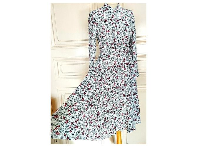 Cacharel Abito Lungo a Camicia Preppy Folk Bianco Rosso Blu - vista 7