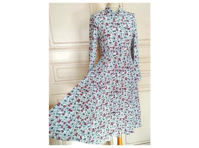 Cacharel Abito Lungo a Camicia Preppy Folk Bianco Rosso Blu - vista 8