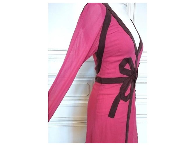 Cacharel Robe de Soirée Couture Double Voile de Soie Rose Framboise - vue 10