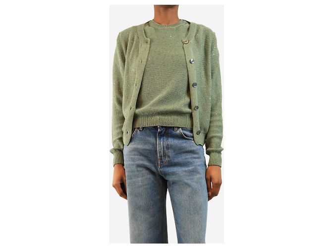 Autre Marque Set top e cardigan in maglia con paillettes verde - size UK 8 - vista 3