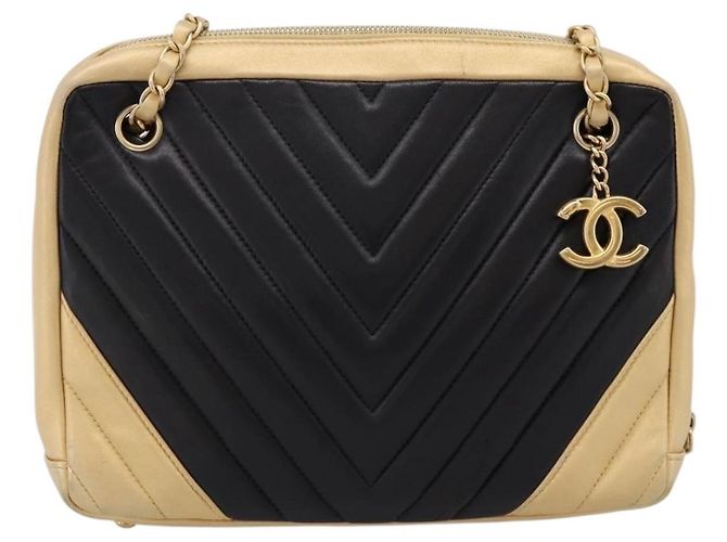 CHANEL V Stitch Chain Shoulder Bag Lamb Skin Beige Gold CC - view 2