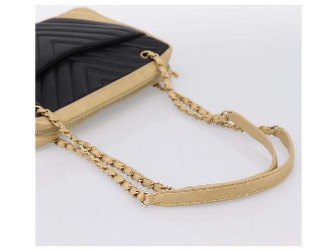 CHANEL V Stitch Chain Shoulder Bag Lamb Skin Beige Gold CC - view 7