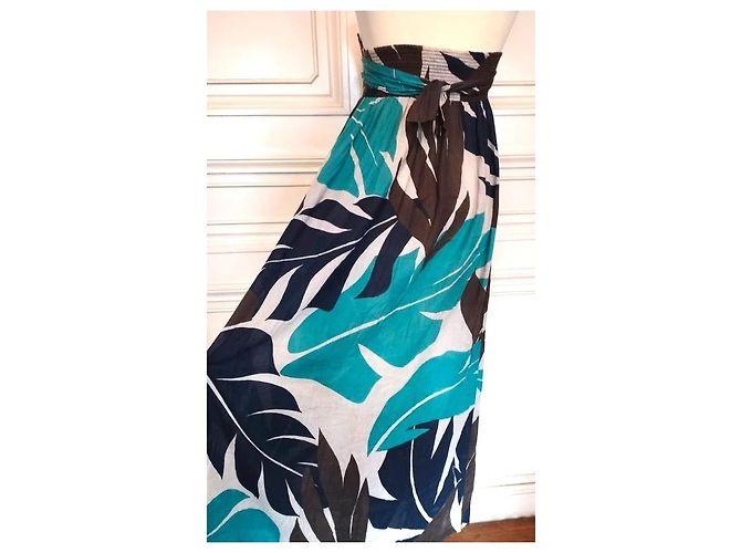 Antik Batik Vestido Largo Folk de Algodón Castaño Blanco Turquesa Azul oscuro - vista 16