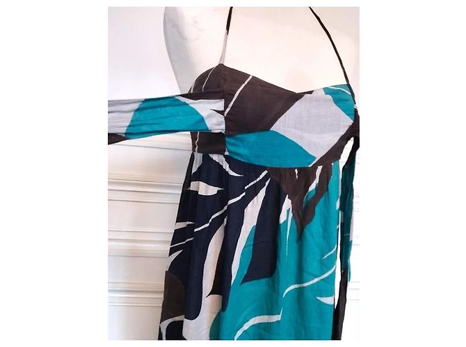 Antik Batik Vestido Largo Folk de Algodón Castaño Blanco Turquesa Azul oscuro - vista 4