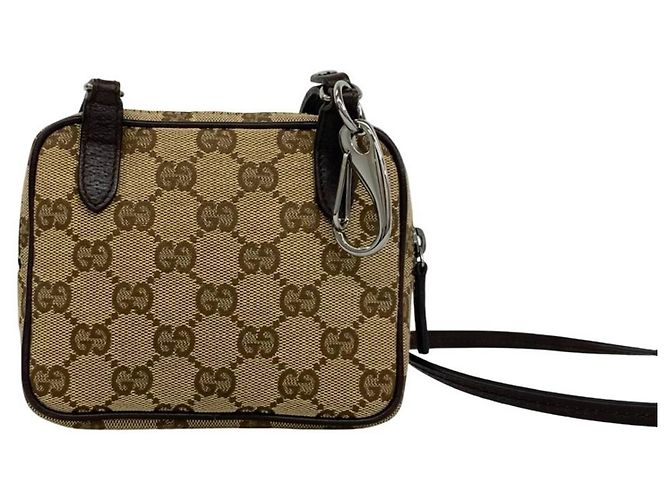 Mini borsa a tracolla in pelle e tela con motivo GG Logo Gucci Marrone - vista 3