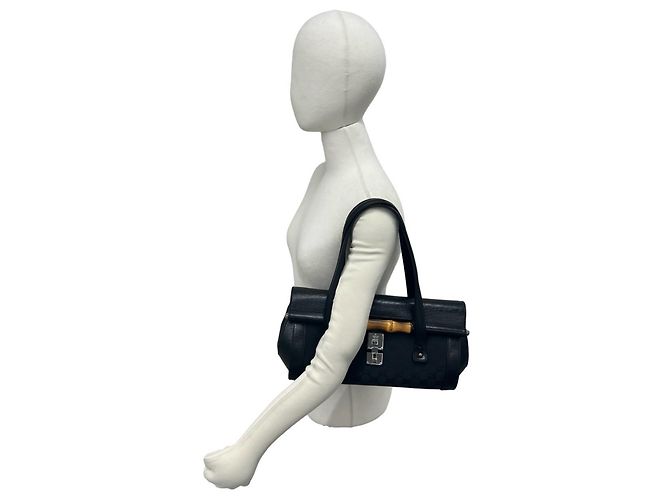 Borsa GUCCI Old Bamboo GG Logo in pelle e canvas Nero - vista 2