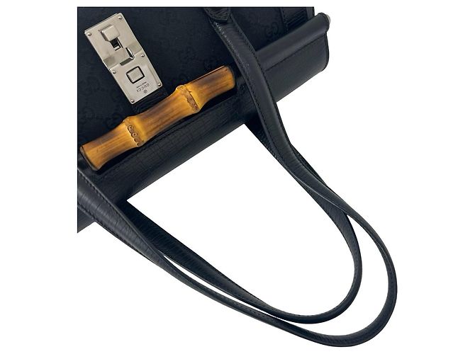 Borsa GUCCI Old Bamboo GG Logo in pelle e canvas Nero - vista 4