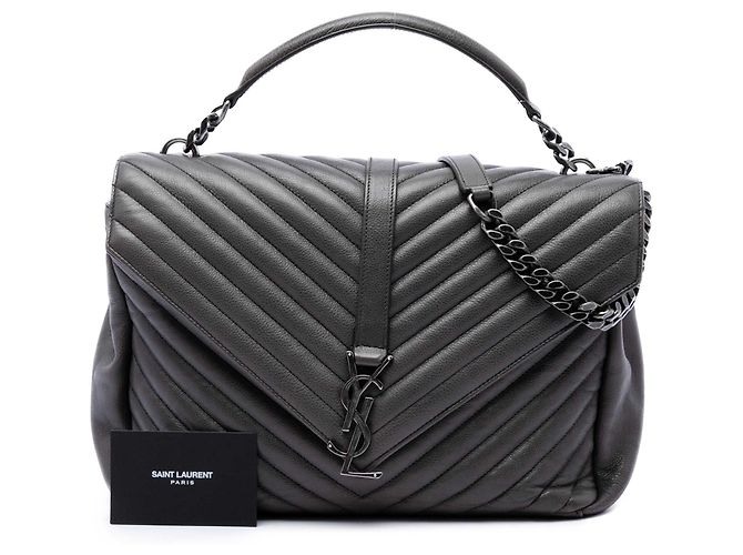 Autre Marque Borsa Satchel College Saint Laurent in pelle di pecora chevron grigia Large con monogramma Marrone Grigio antracite - vista 7