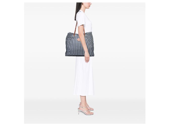 Céline Celine Cabas Squared Tote aus blau gestreiftem Textil und Kalbsleder Marineblau - Ansicht 5