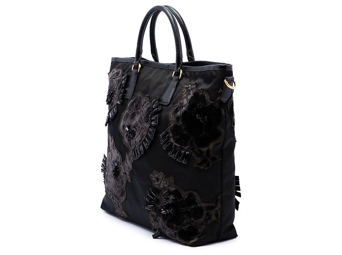 Tote Sacola Prada em Tessuto preto com miçangas e apliques florais - vista 2