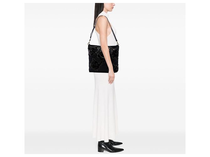 Tote Sacola Prada em Tessuto preto com miçangas e apliques florais - vista 6