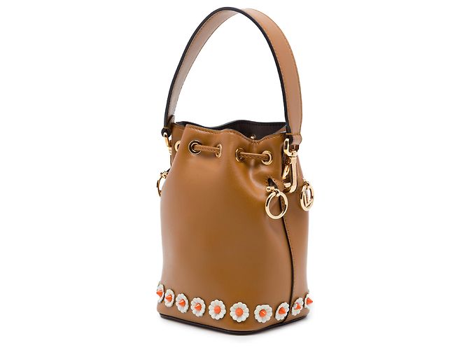 Borsa bucket Fendi Brown Mini Leather Studded Floral Mon Tresor - vista 2
