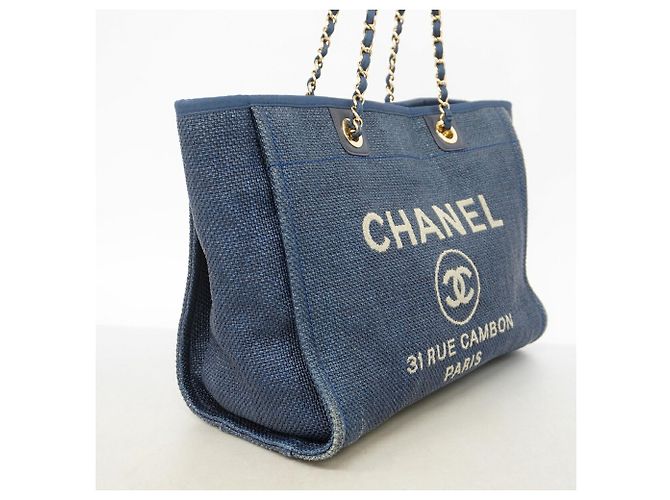 Chanel Deauville Stroh-Shopper mit Kette Marineblau - Ansicht 2